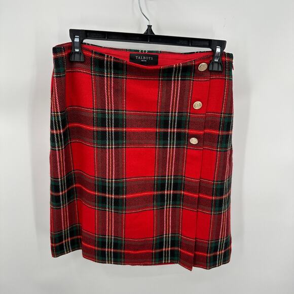 TALBOTS Wool Blend Red Plaid Skirt with Gold Hardware // 4 Petite - Picture 3 of 12
